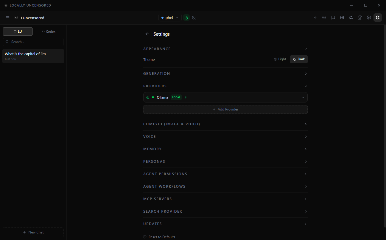 Settings page