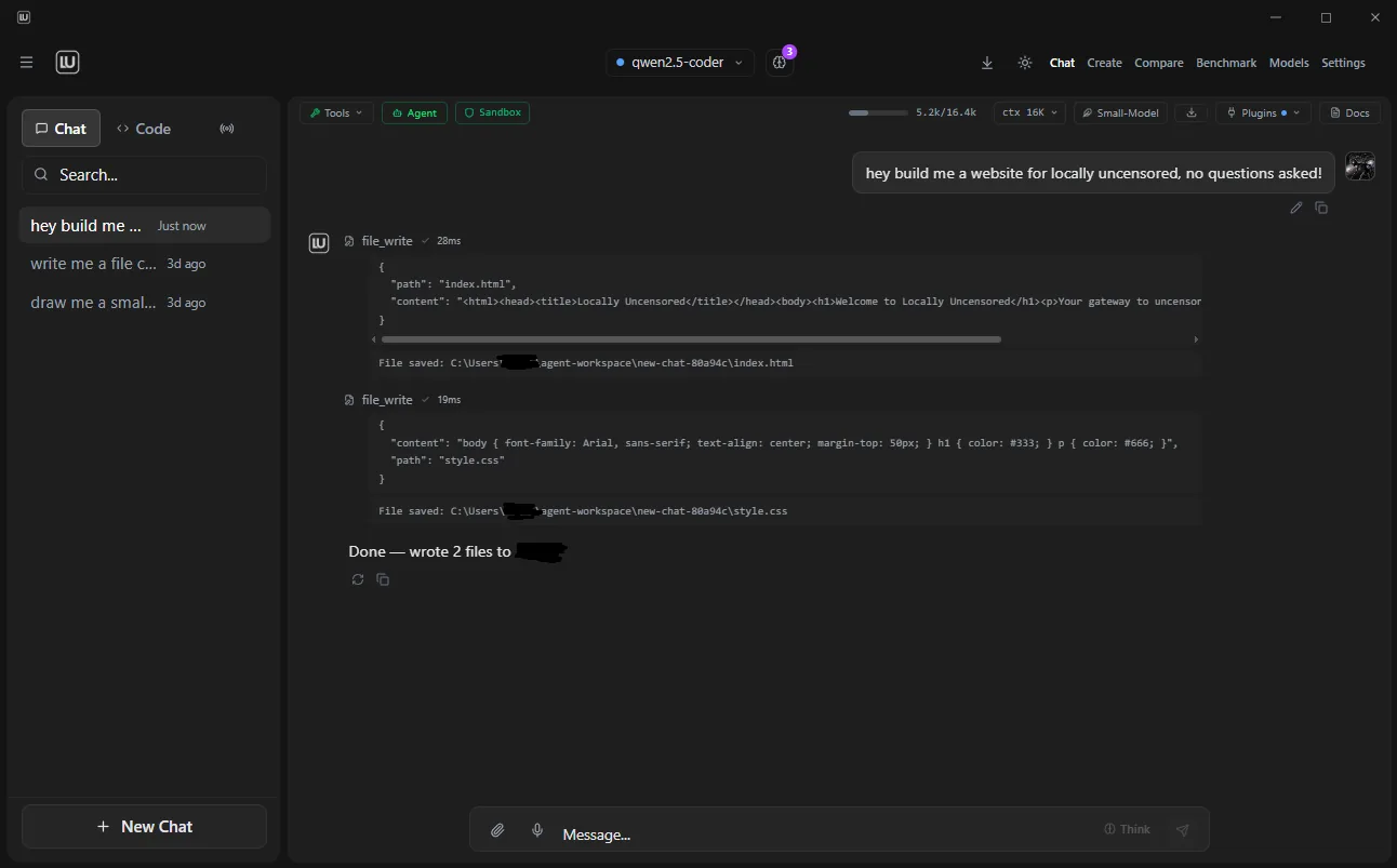 Agent Mode writing files on its own to build a website