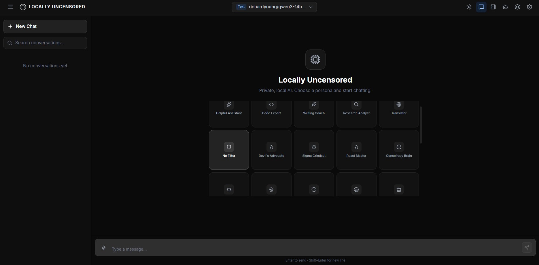 Locally Uncensored — Uncensored AI Chat Interface with Ollama, showing persona selection and private local conversation