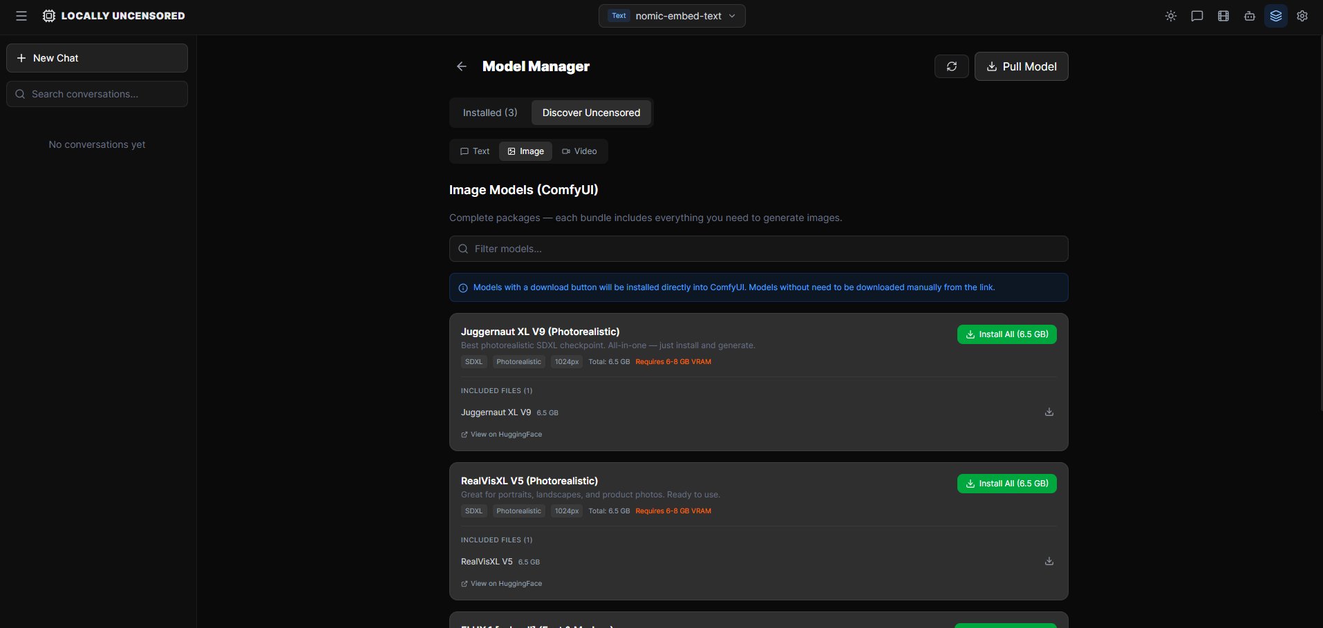 Locally Uncensored — AI Model Manager showing one-click install for Ollama and ComfyUI models